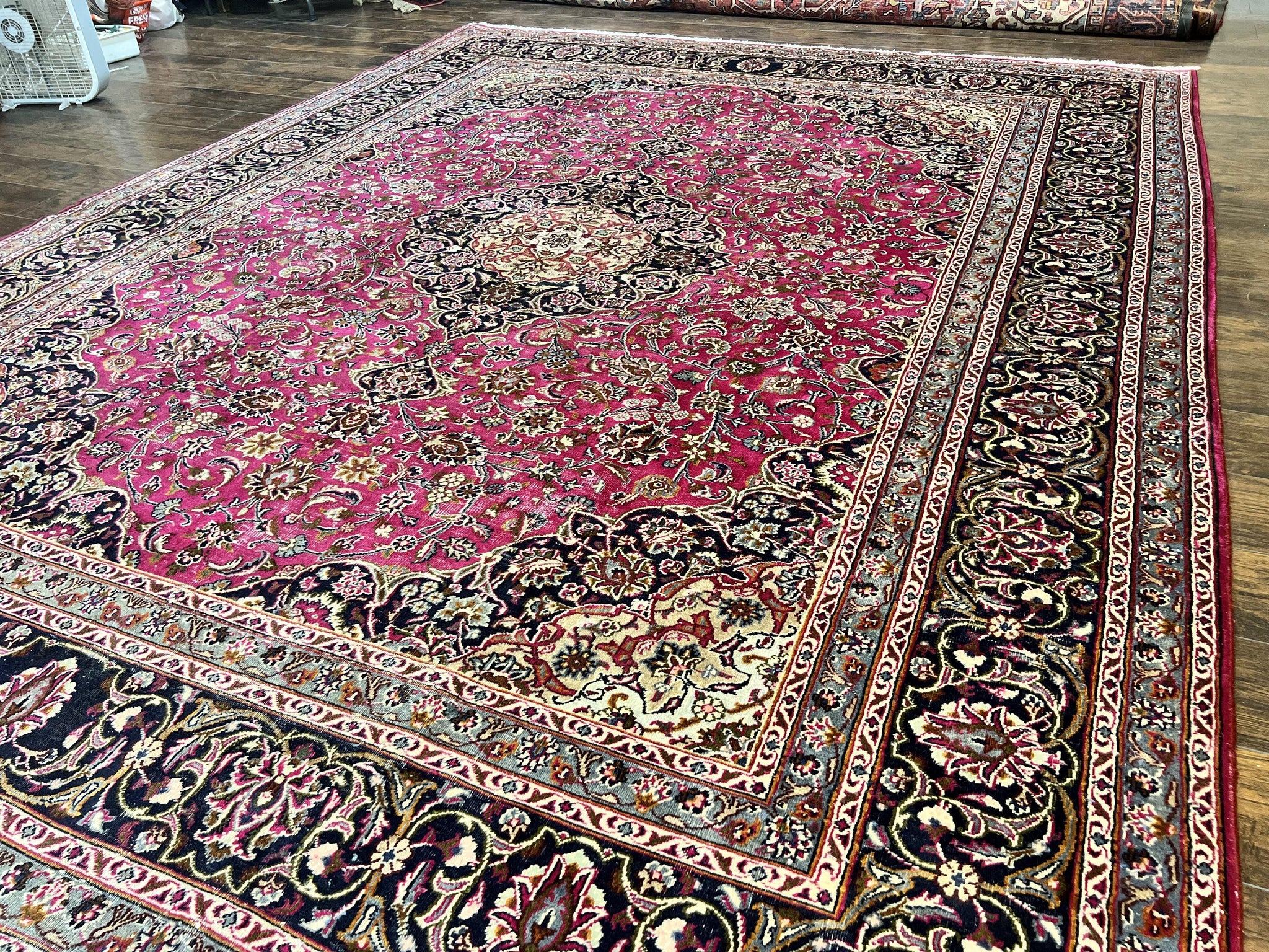 Persian Rug 10x13, Wool Hand Knotted Antique Kashmar Carpet, Raspberry Red & Navy Blue, Floral Medallion, Traditional Oriental Rug 10 x 13 by Jewel Rugs