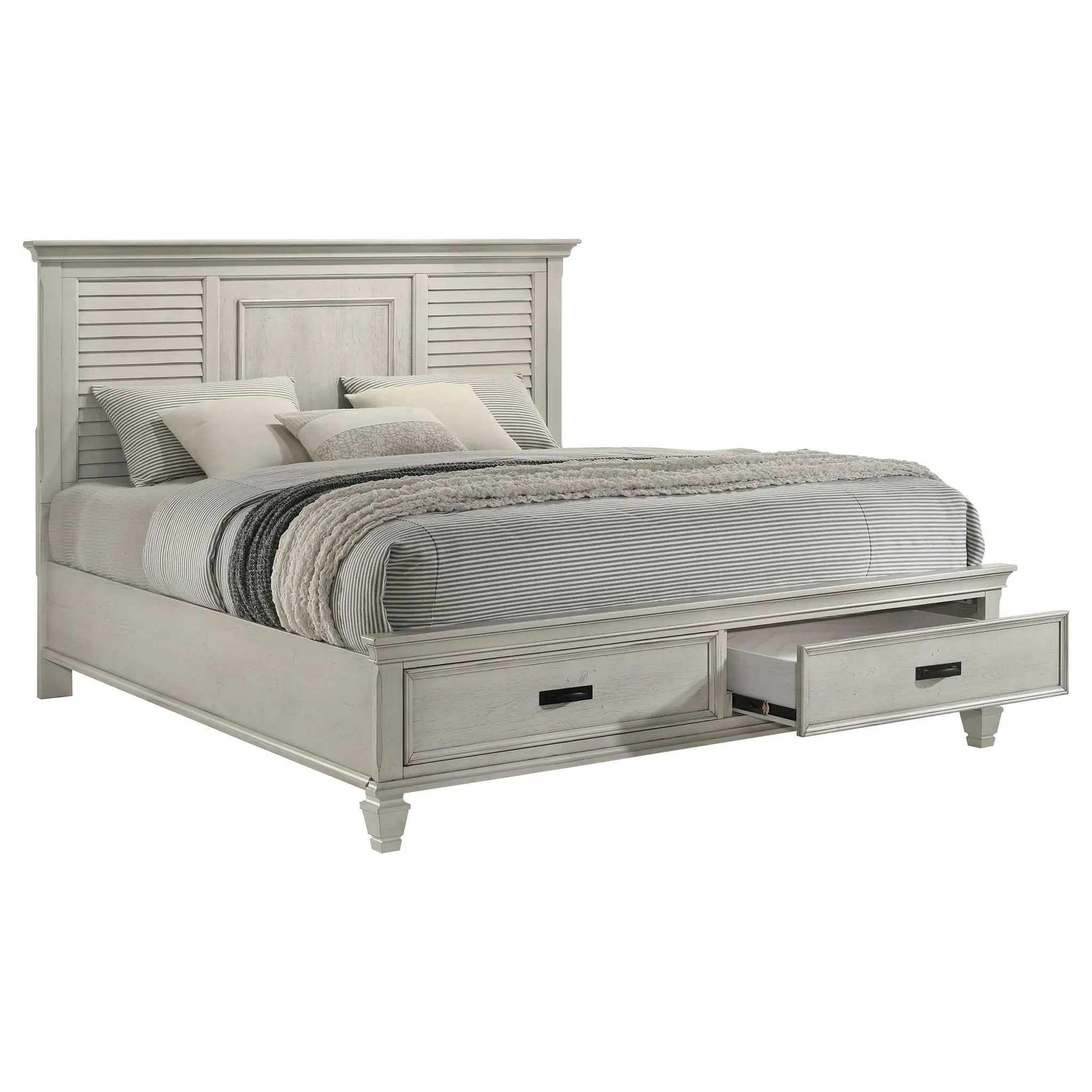 Franco Wood Eastern King Storage Panel Bed Distressed White by Unique Piece Furniture