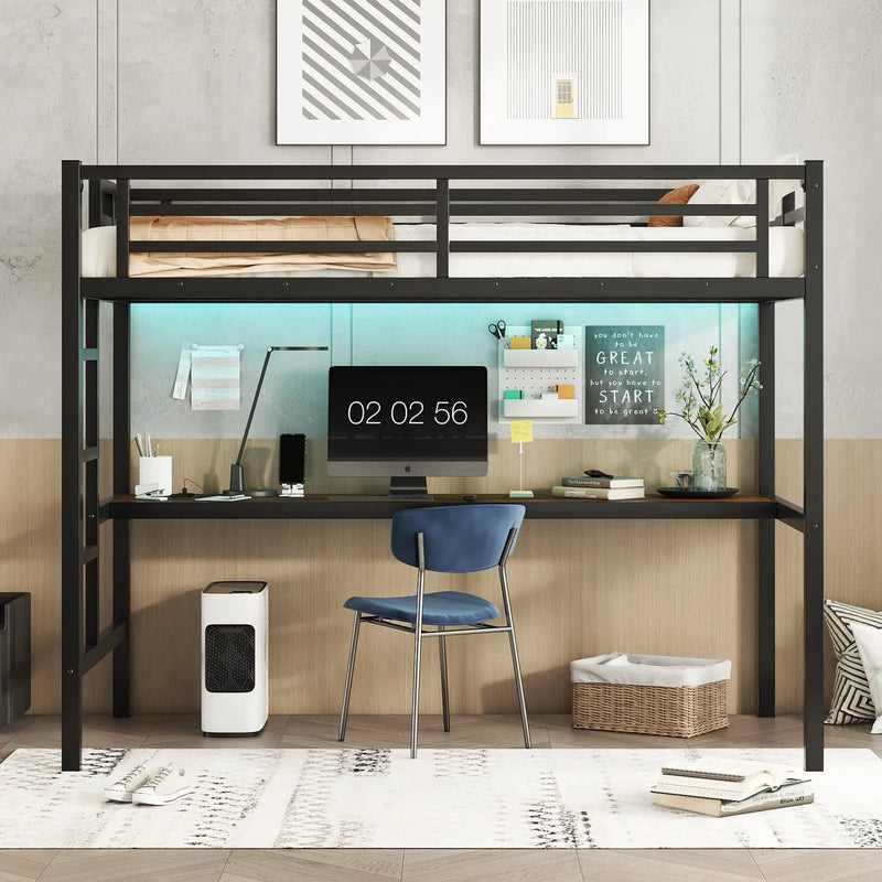 Metal Twin XL Size Loft Bed with Power Outlet and LED Light by HouseOfZazla