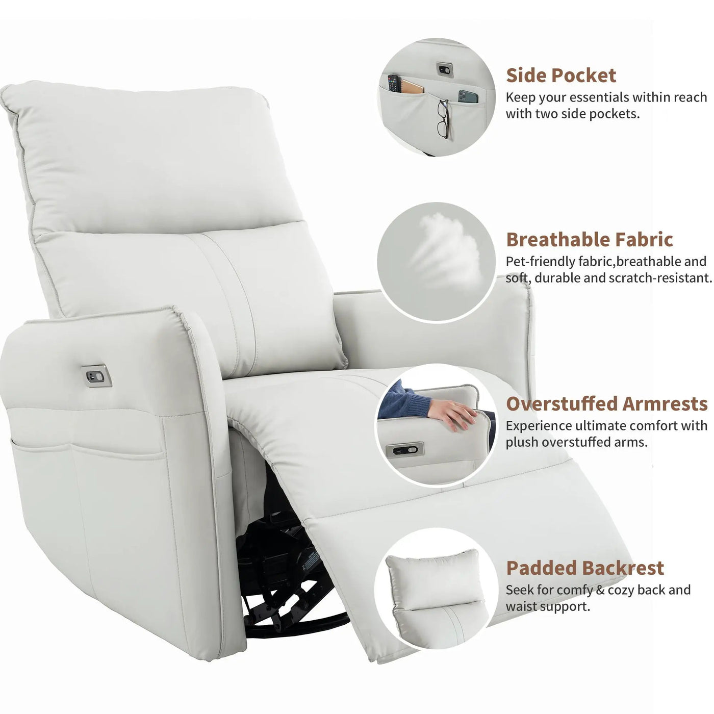 29.92" 270 Power Swivel Rocker Recliner Chair, Electric Glider Reclining Sofa With USB Ports, Power Swivel Glider, Rocking Chair Nursery Recliners For Living Room Bedroom by Unique Piece Furniture