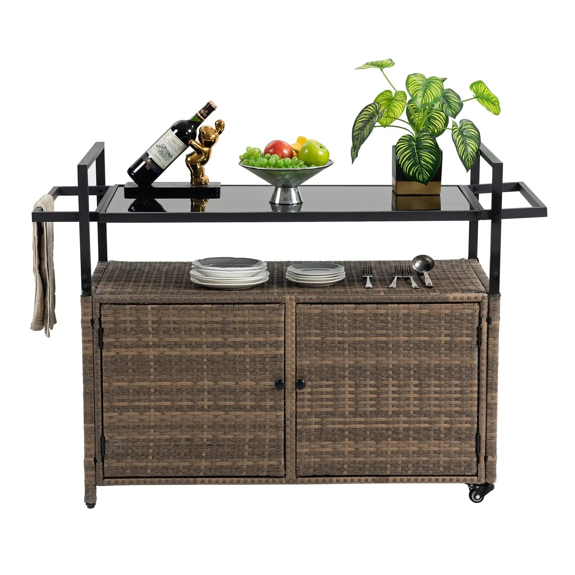 Outdoor Wicker Bar Cart with Glass Top and Wheels by HouseOfZazla
