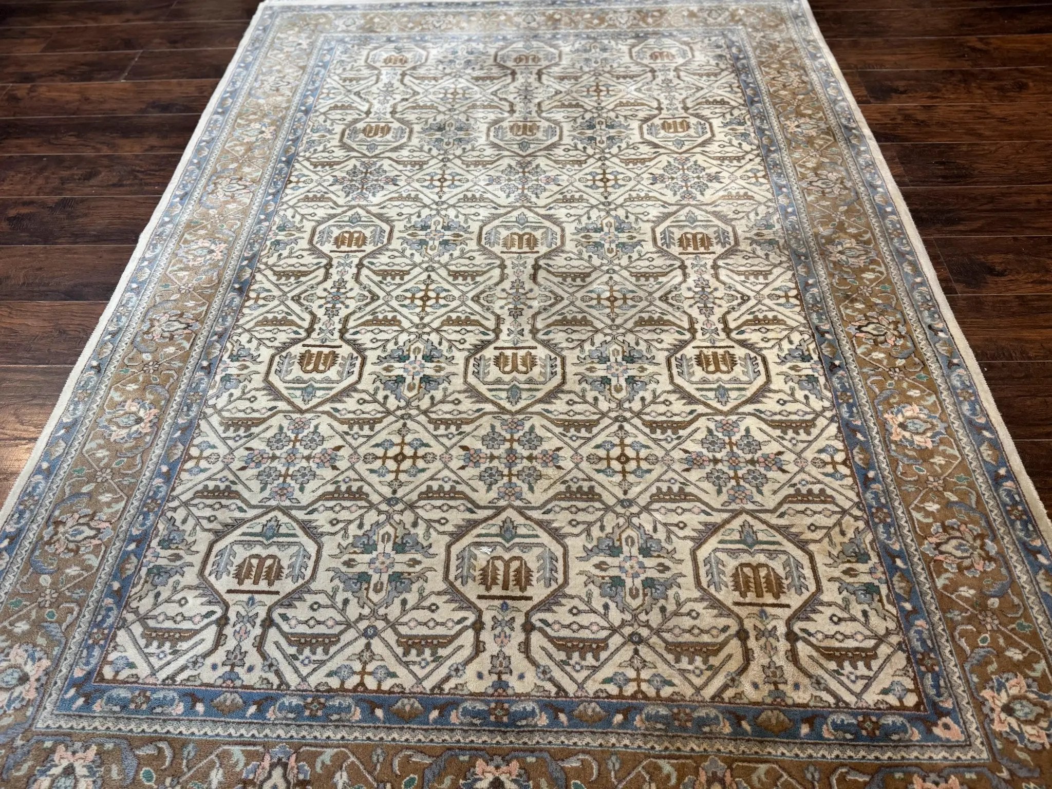 Indo Persian Rug 6x9, Beige, Allover Pattern, Vintage Wool Oriental Carpet by Jewel Rugs
