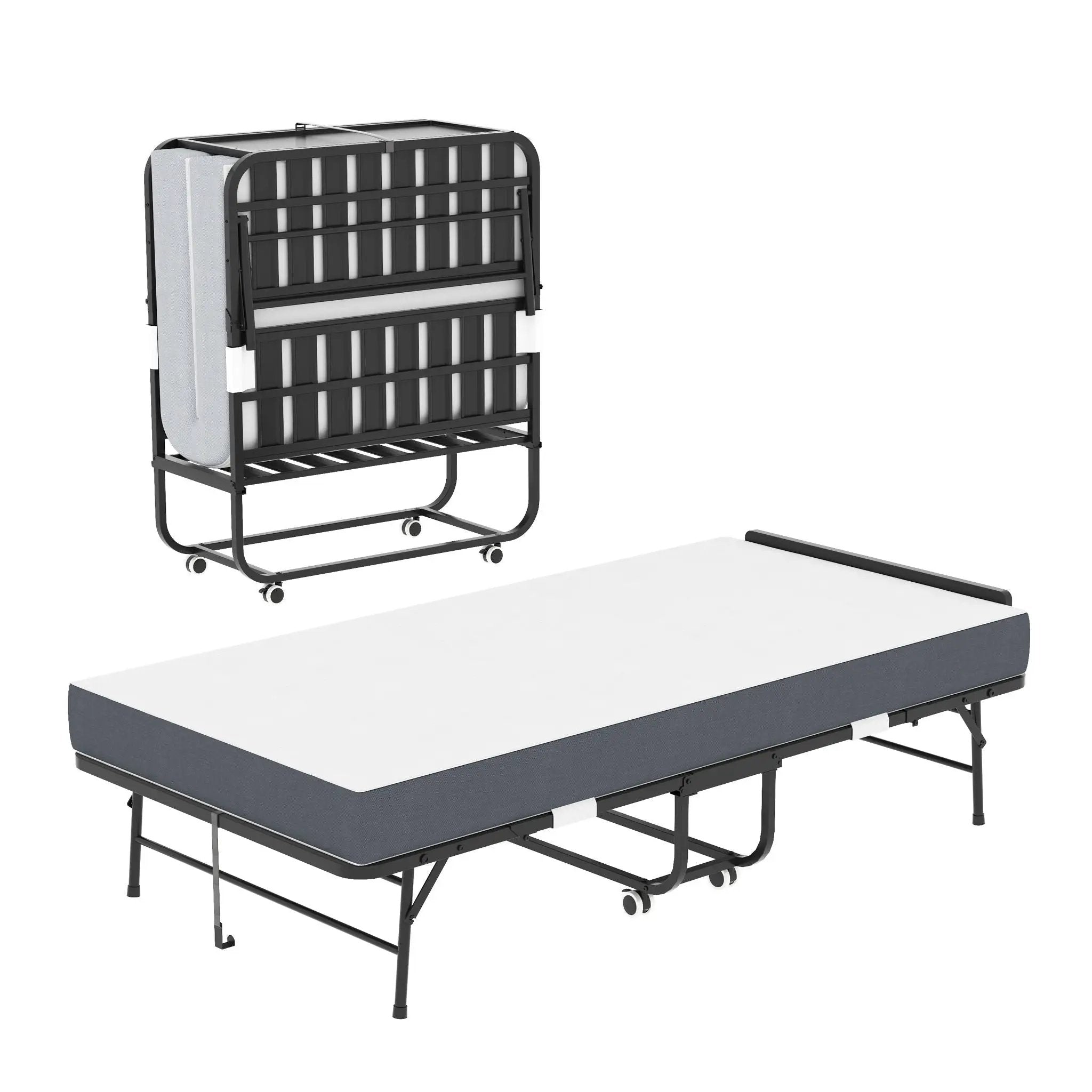 Twin Adjustable Headboard Folding Bed With Memory Foam Mattress, Heavy-Duty Frame Cot For Tall People, Portable Guest On Wheels - Black by HouseOfZazla