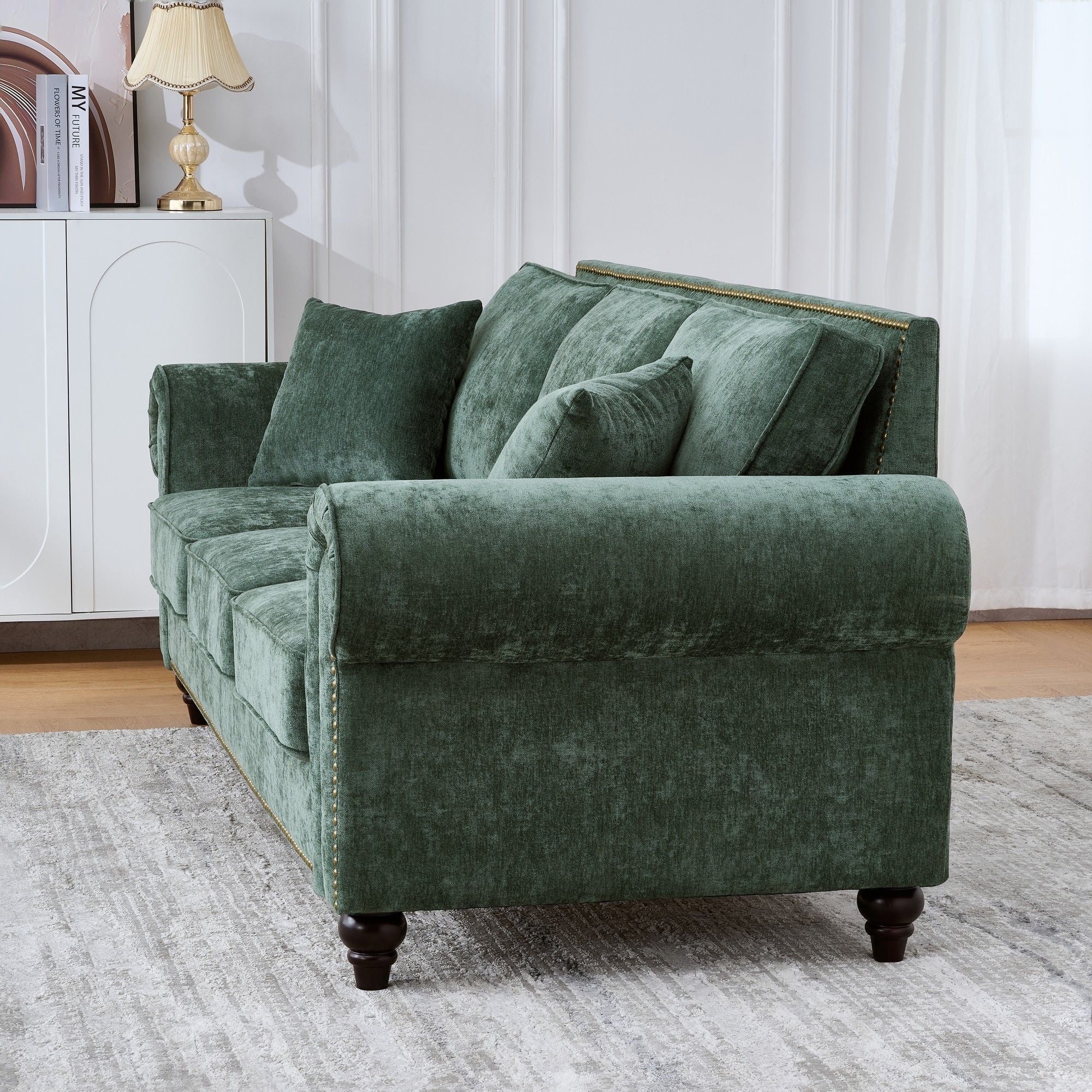 3 Seater Sofa With Tufted Upholstery, Rolled Arms, Nailhead Trim by HouseOfZazla