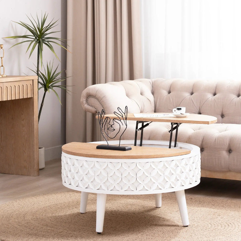 Round Coffee Table With Storage - White / Light Oak by Unique Piece Furniture