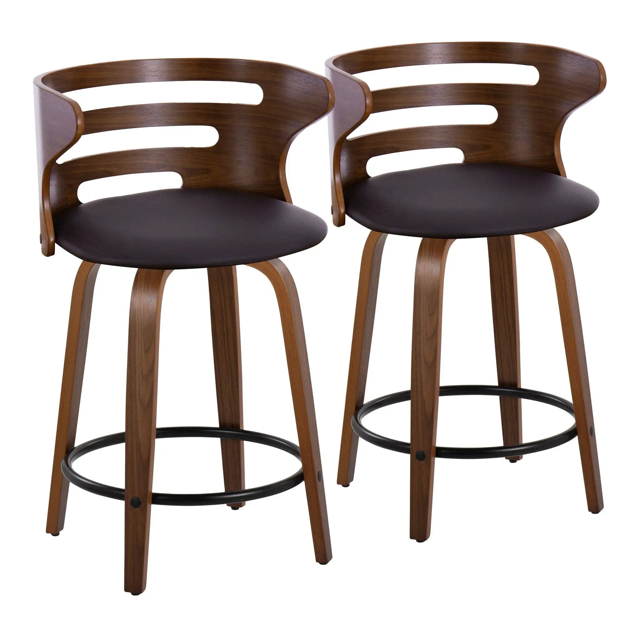 Cosini - Mid-Century Modern Fixed Height Counter Stool With Swivel With Round Footrest (Set of 2) - Walnut / Brown by HouseOfZazla
