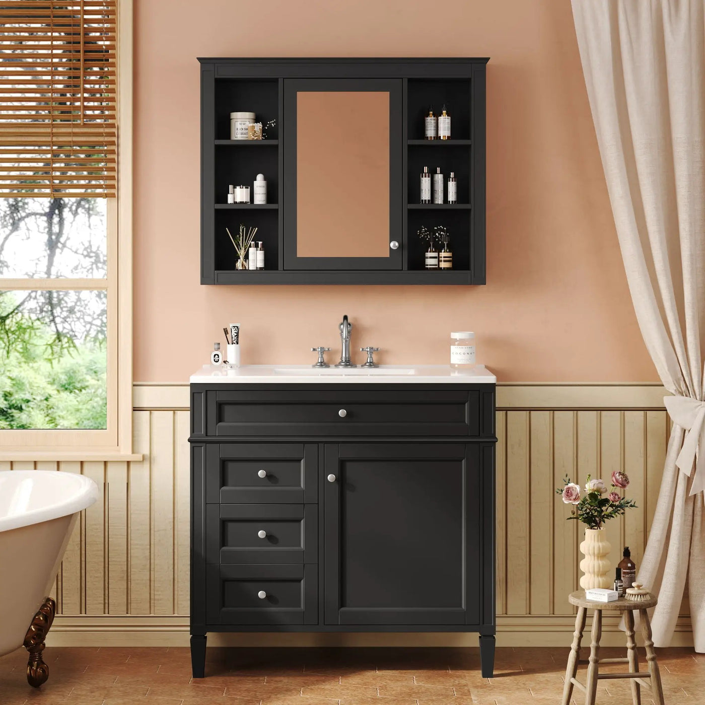 Bathroom Vanity With Mirror Cabinet, Single Sink With 2 Soft Closing Doors And 4 Drawers by HouseOfZazla