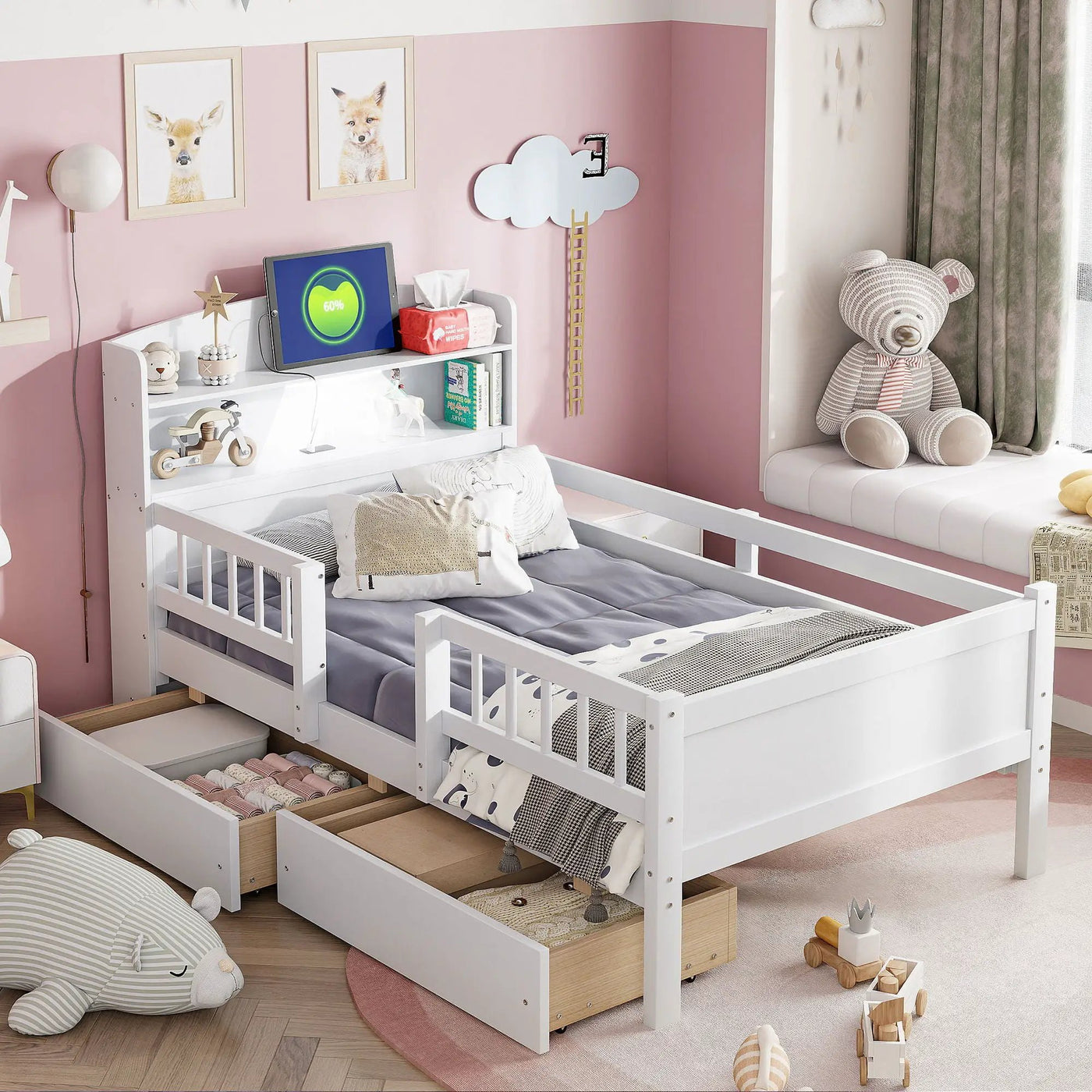 Platform Bed With LED Light, Multi Functional Headboard, Guardrail And 2 Drawers by HouseOfZazla