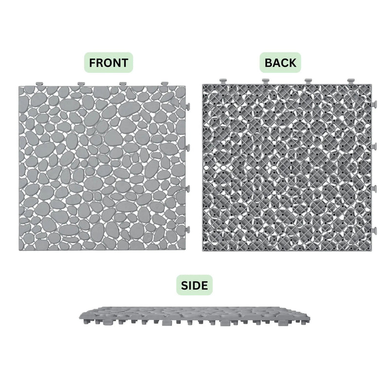Interlocking Deck Tiles Plastic Waterproof Outdoor All Weather Anti-Slip Bathroom Shower Balcony Porch Strong Weight Capacity Upto 440 Lbs, Pebble Stone Pattern by HouseOfZazla