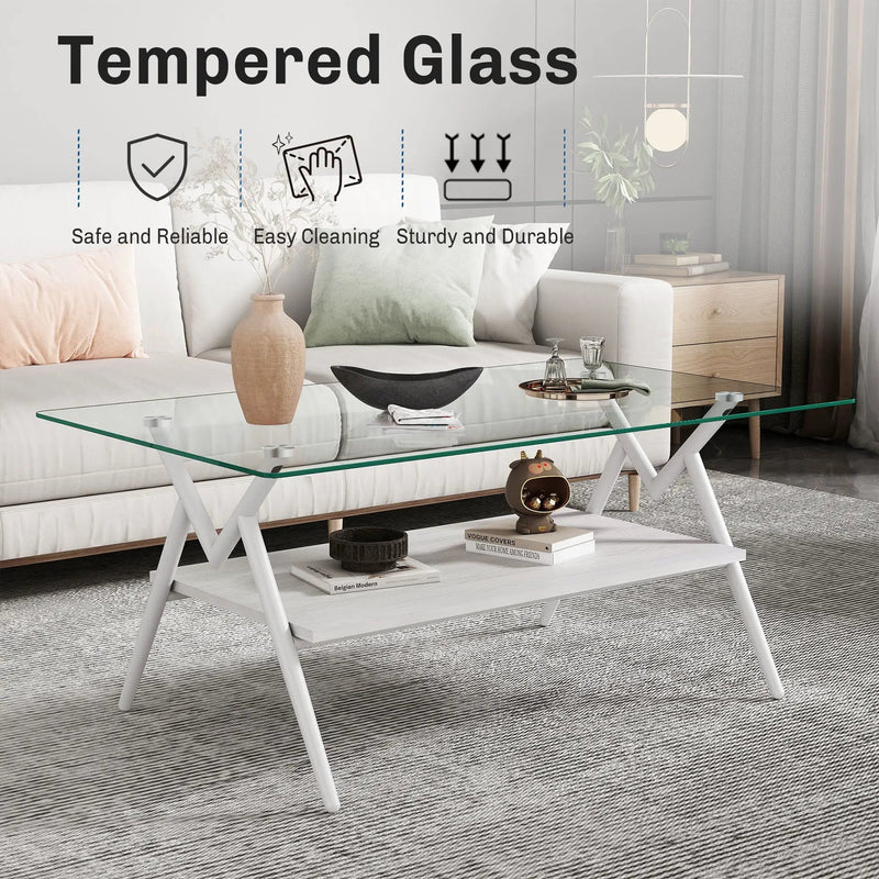 Rectangle Coffee Table With Tempered Glass Top And Shelf by Unique Piece Furniture