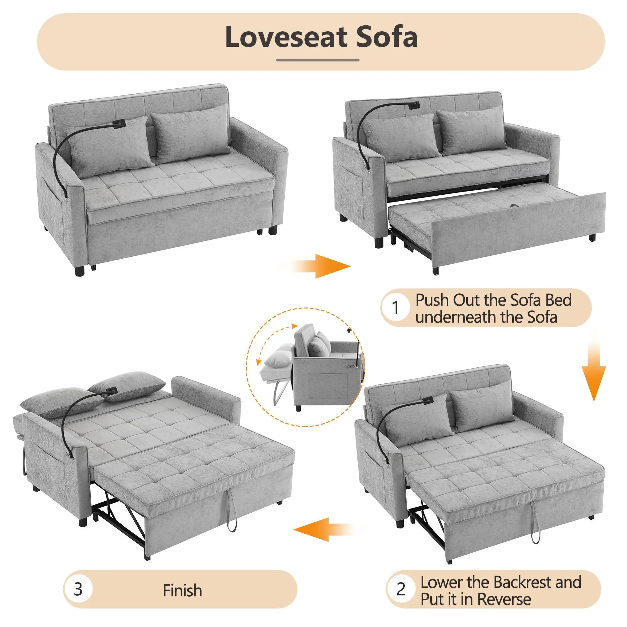 Pull-Out Sleeper Sofa With Reversible Backrest Cushion, Side Pockets, 2 USB Ports And A Phone Holder For Living Room by HouseOfZazla