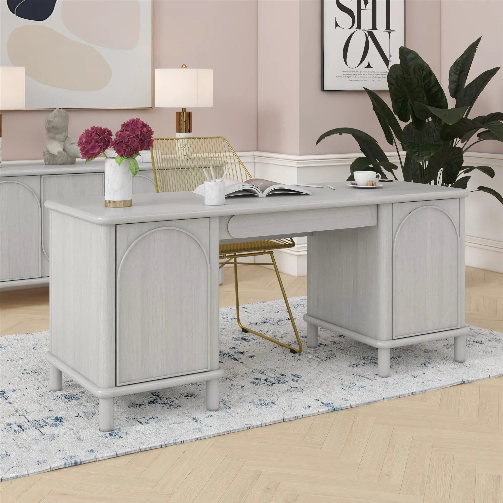 Selena - Double Pedestal Desk - Rustic White by HouseOfZazla