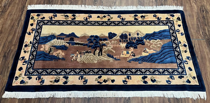 Antique Chinese Pictorial Rug 2.7 x 5, Chinese Village and Hills Carpet, Beige and Dark Blue, Handmade, Horizontal Rug Wall Hanging Tapestry by Jewel Rugs