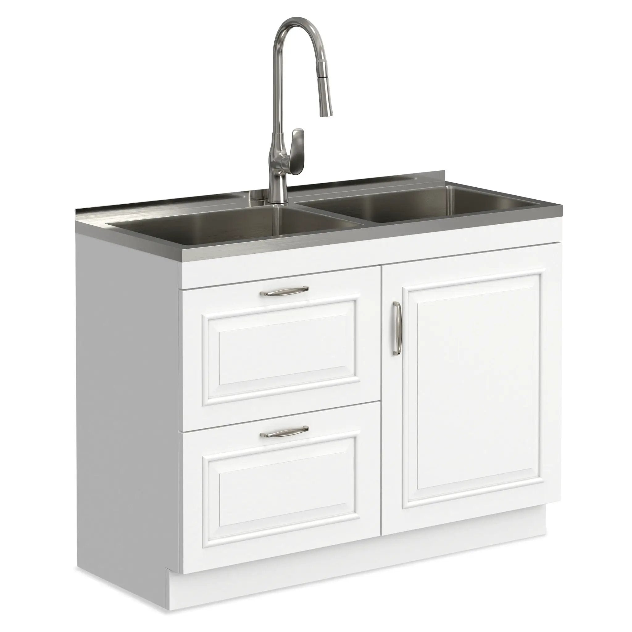 Darwin - Laundry Utility Sink And Cabinet With Dual Sinks, Pull Out Faucet - White by HouseOfZazla