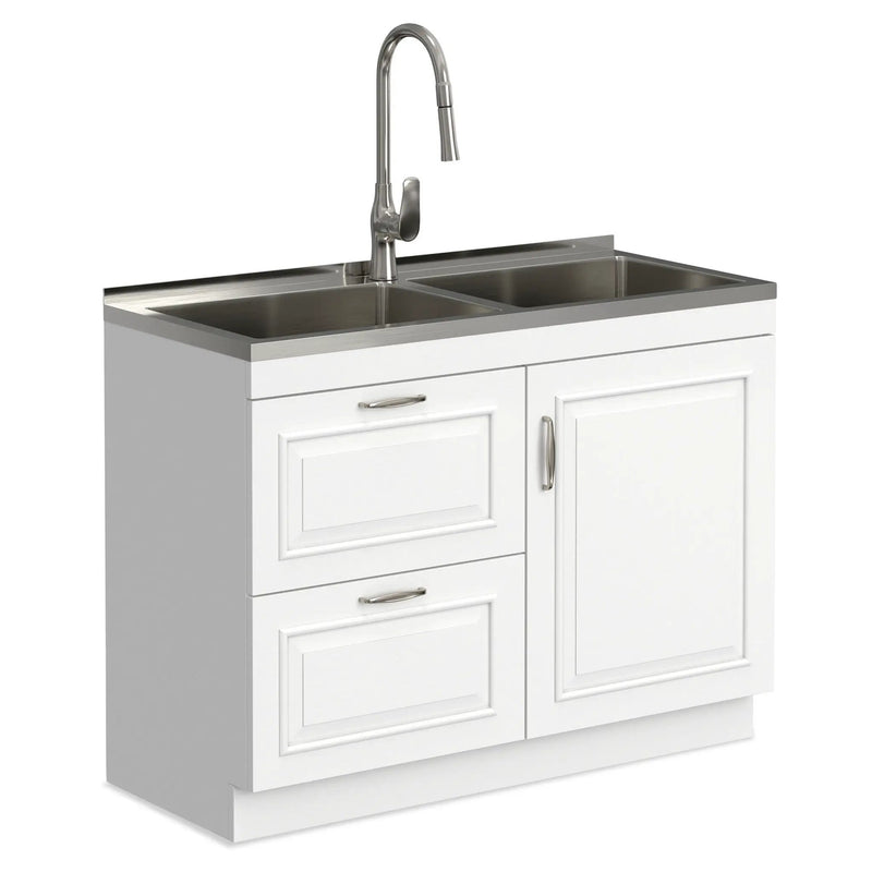 Darwin - Laundry Utility Sink And Cabinet With Dual Sinks, Pull Out Faucet - White by HouseOfZazla
