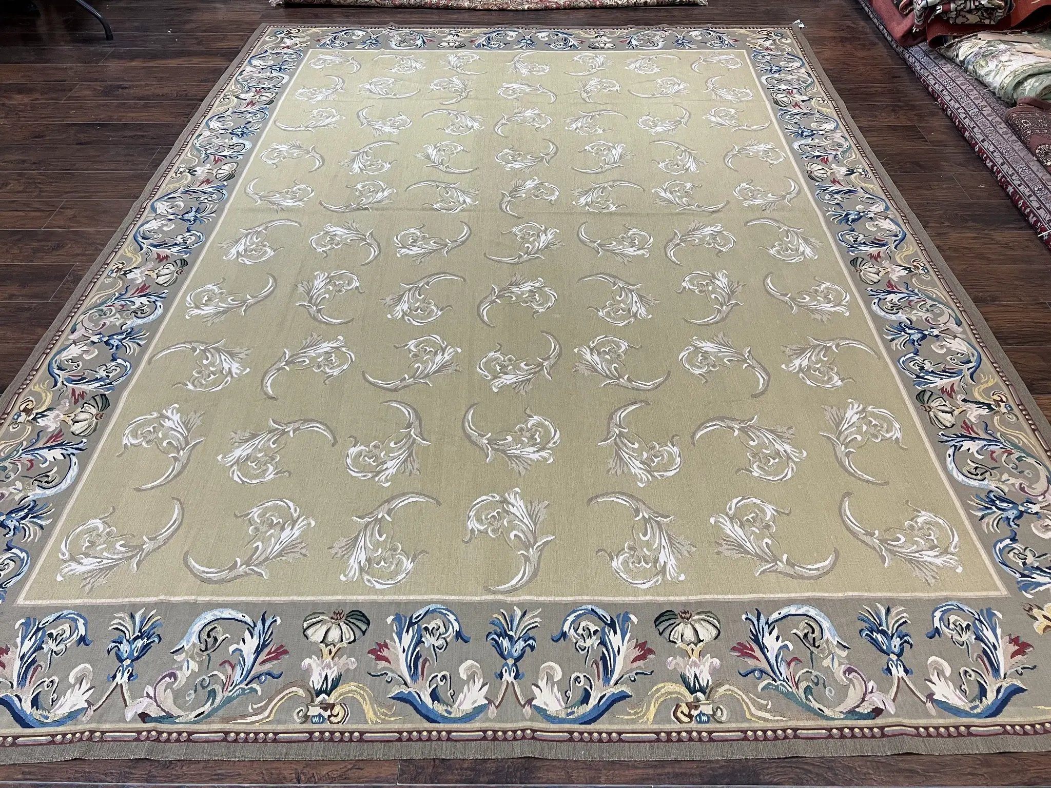 Vintage Aubusson Flatweave Area Rug 9x12, Aubusson Weave, Wool, Beige, Handmade, French European Design, 8'9" x 11'9" by Jewel Rugs