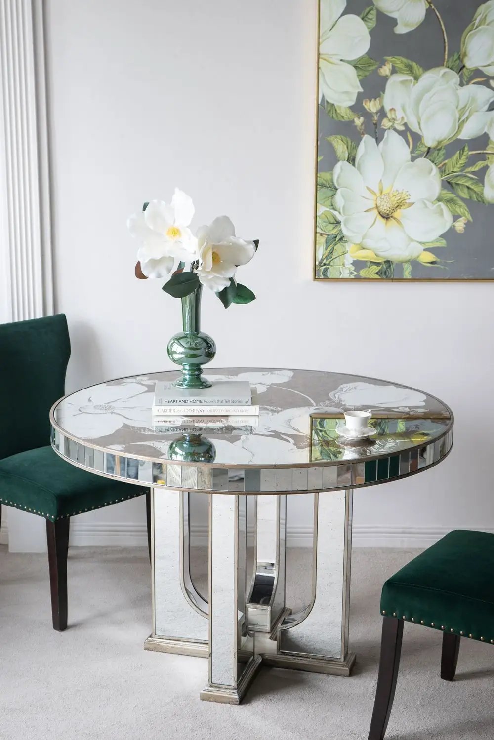 Round Dining Table With Elegant Floral Design And Mirrored - Silver Multi by HouseOfZazla