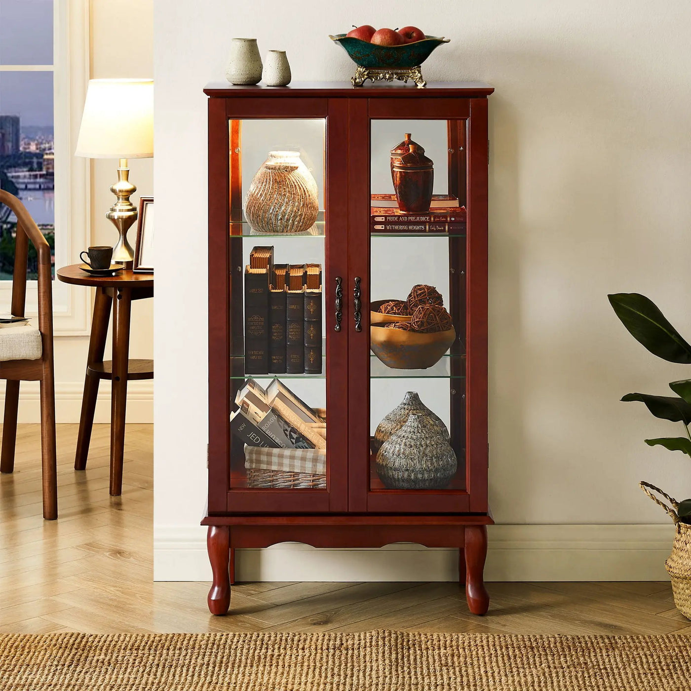 Curio Cabinet Lighted Curio Diapaly Cabinet With Adjustable Shelves And Mirrored Back Panel, Tempered Glass Doors (3 Tier), (E26 Light Bulb Not Included) by HouseOfZazla