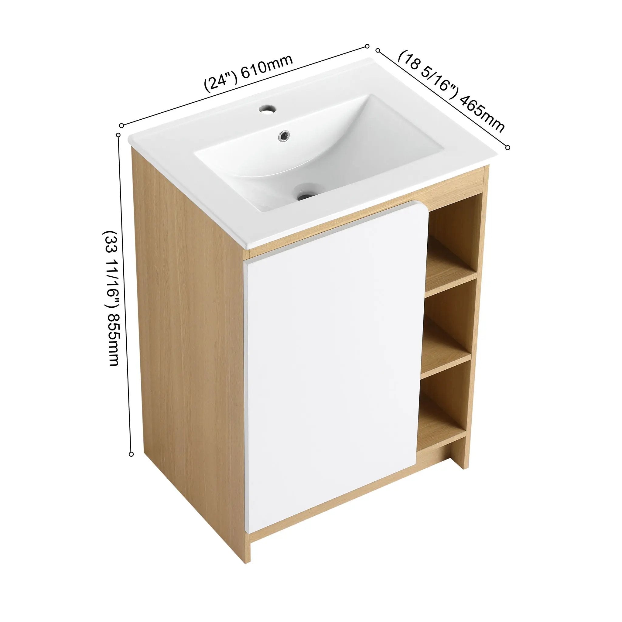 Freestanding Bathroom Vanity With Thin Rim Sink, Single Door With 4 Tier Open Shelves - Light Oak / White by Unique Piece Furniture