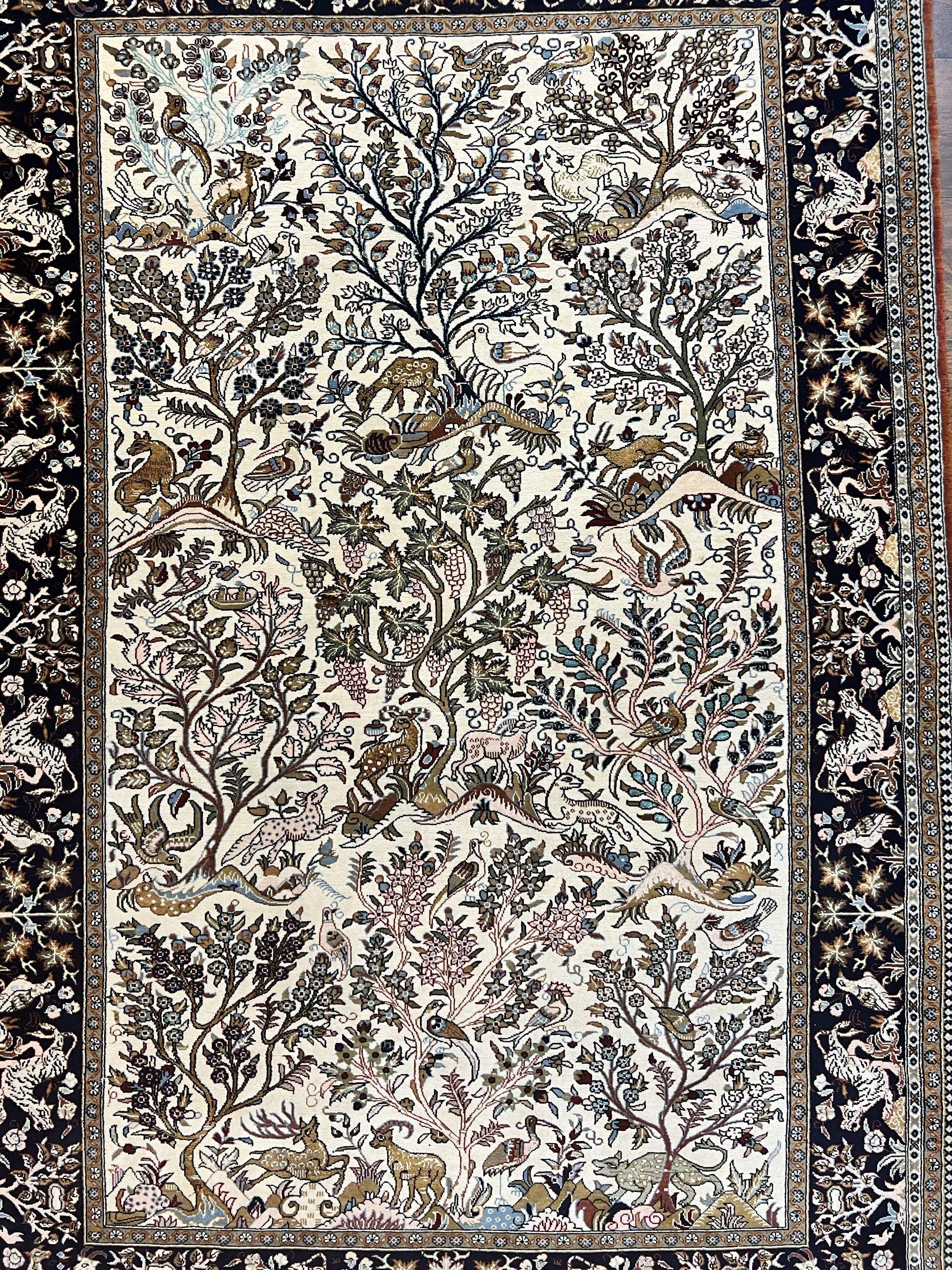 Persian Qum Tree of Life Rug 5x7, Wool and Silk Highlights, Animal Motifs, Vintage Hand Knotted Handmade Cream & Black Fine Oriental Carpet by Jewel Rugs