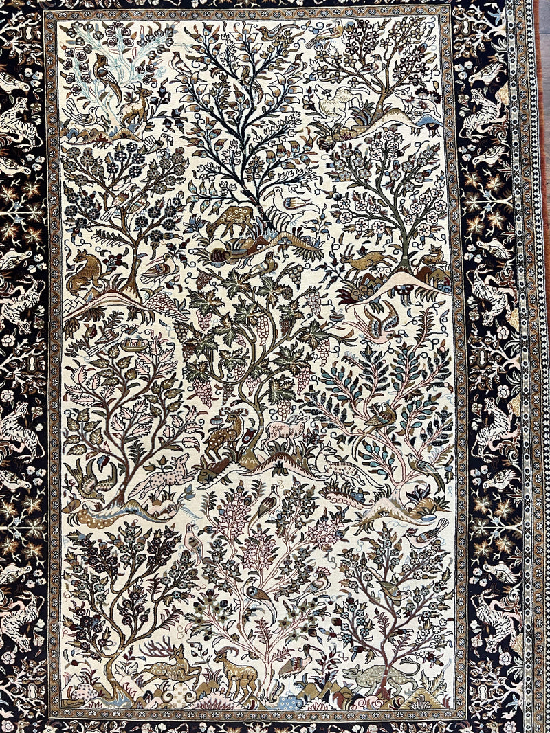 Persian Qum Tree of Life Rug 5x7, Wool and Silk Highlights, Animal Motifs, Vintage Hand Knotted Handmade Cream & Black Fine Oriental Carpet by Jewel Rugs
