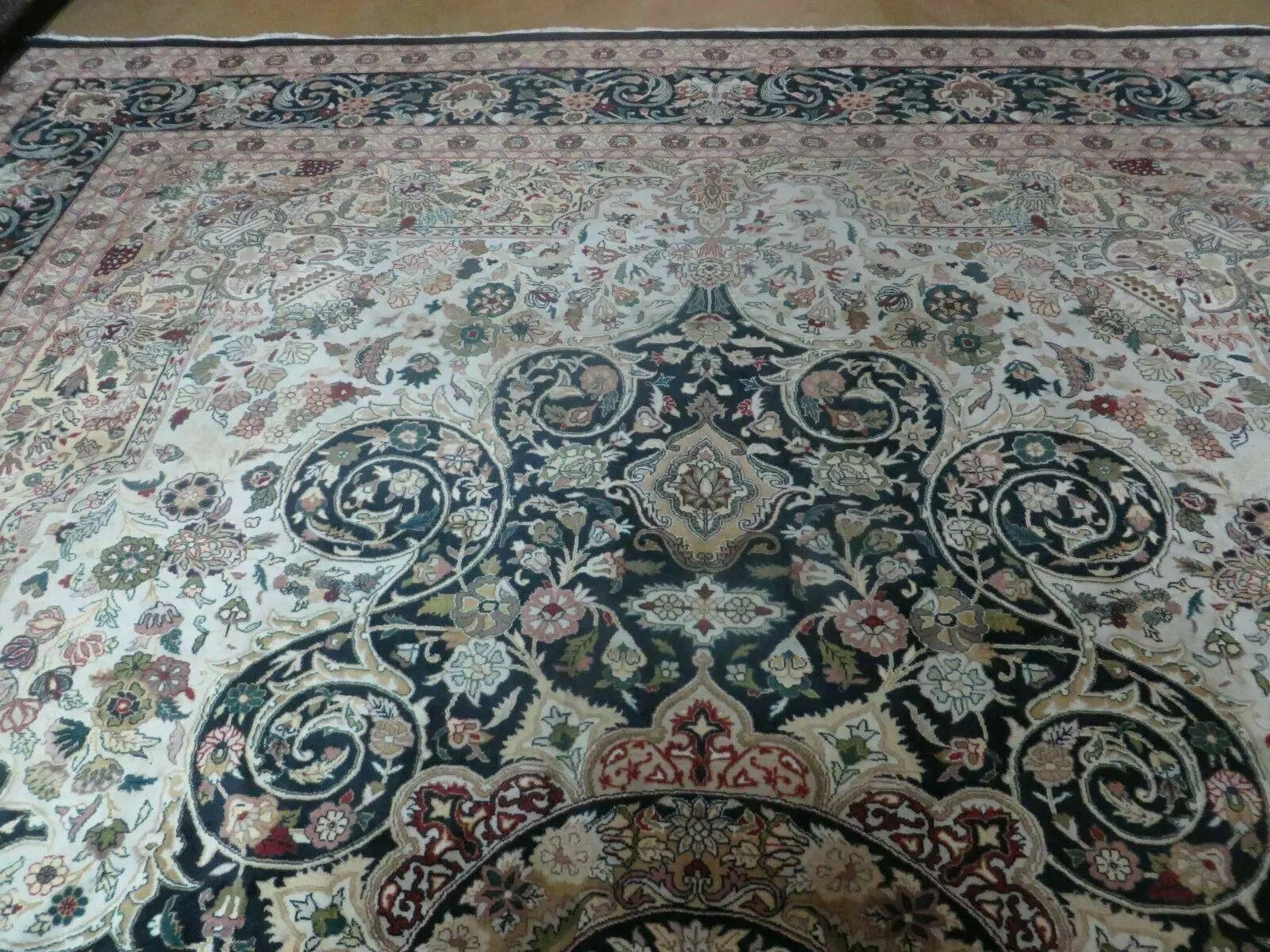 Beautiful Sino Persian Rug 9x12, Elegant High Quality Handmade Wool Oriental Carpet, Medallion with Corner Design, Floral, Black and Ivory by Jewel Rugs