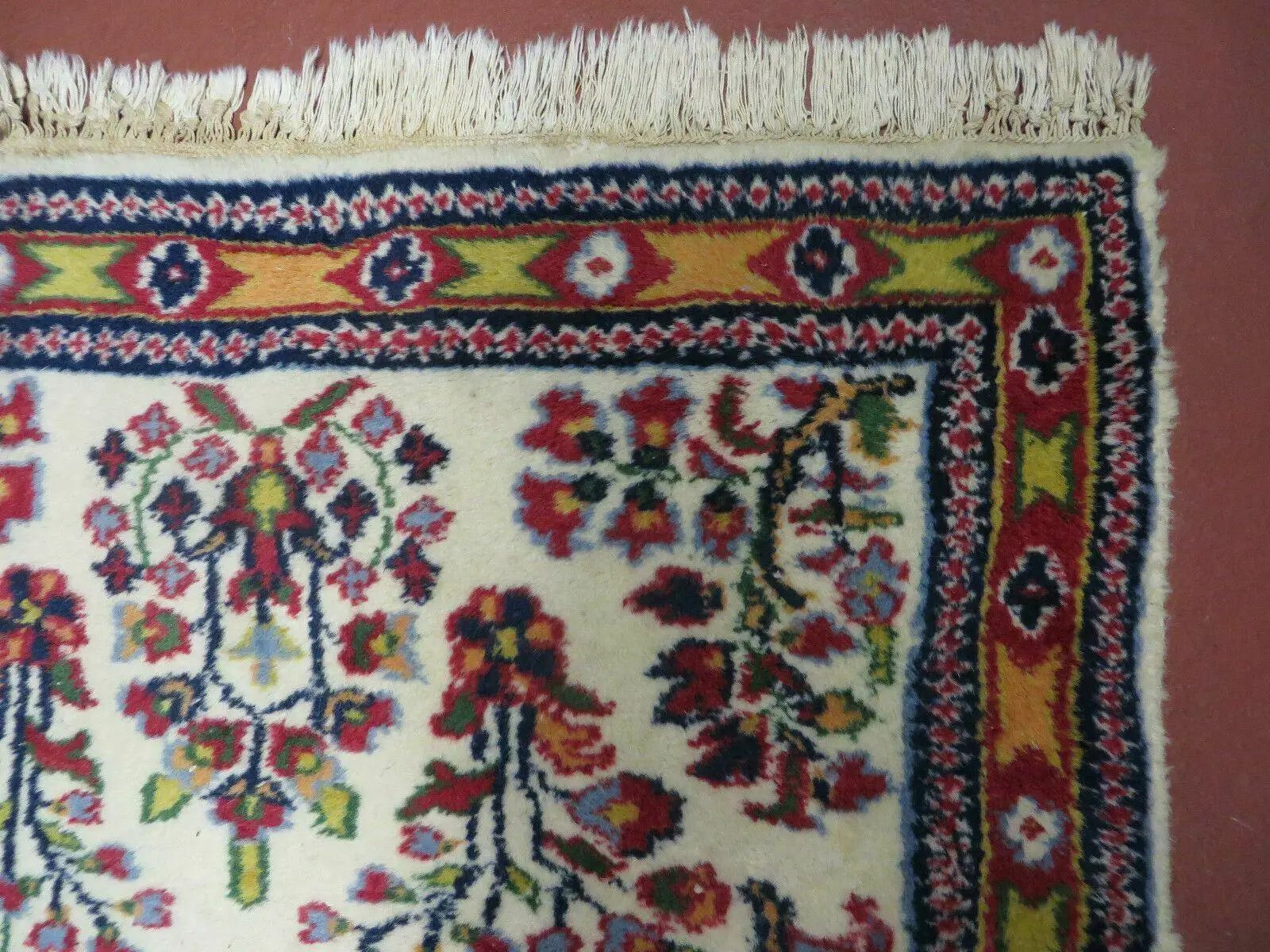 Small Persian Rug 2 x 3, Tiny Persian Sarouk Carpet, Cream Navy Blue Red, Floral Medallion, Vintage Wool Rug, Handmade Hand-Knotted Oriental Rug by Jewel Rugs