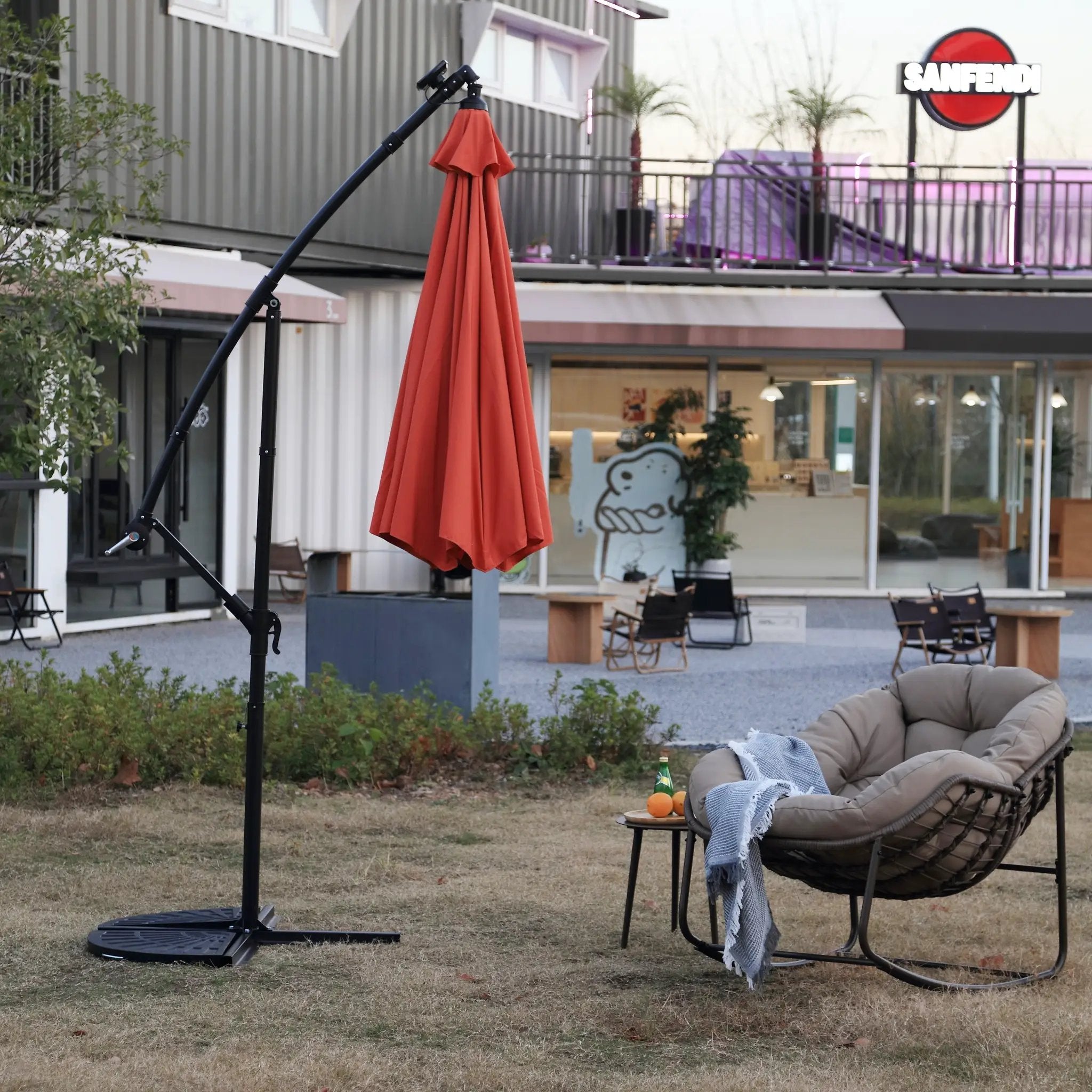 10ft Solar LED Offset Hanging Market Patio Umbrella (Orange) (No Base) by HouseOfZazla