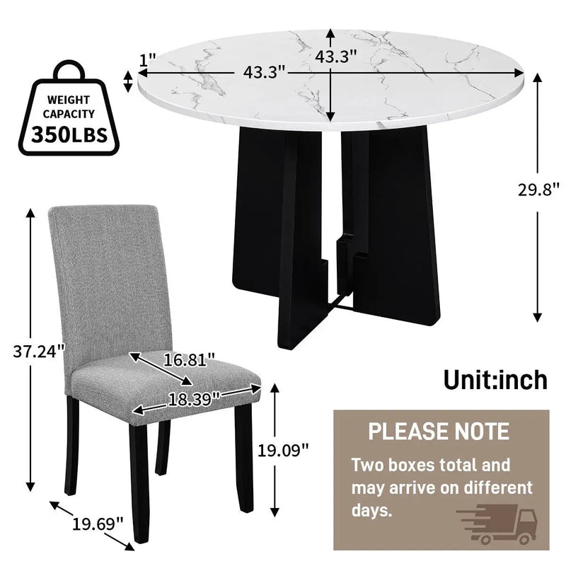 5 Piece Round Dining Table Set, Dining Table And 4 Upholstered Chairs For Dining Room, Kitchen Room, Living Room - White / Gray by Unique Piece Furniture