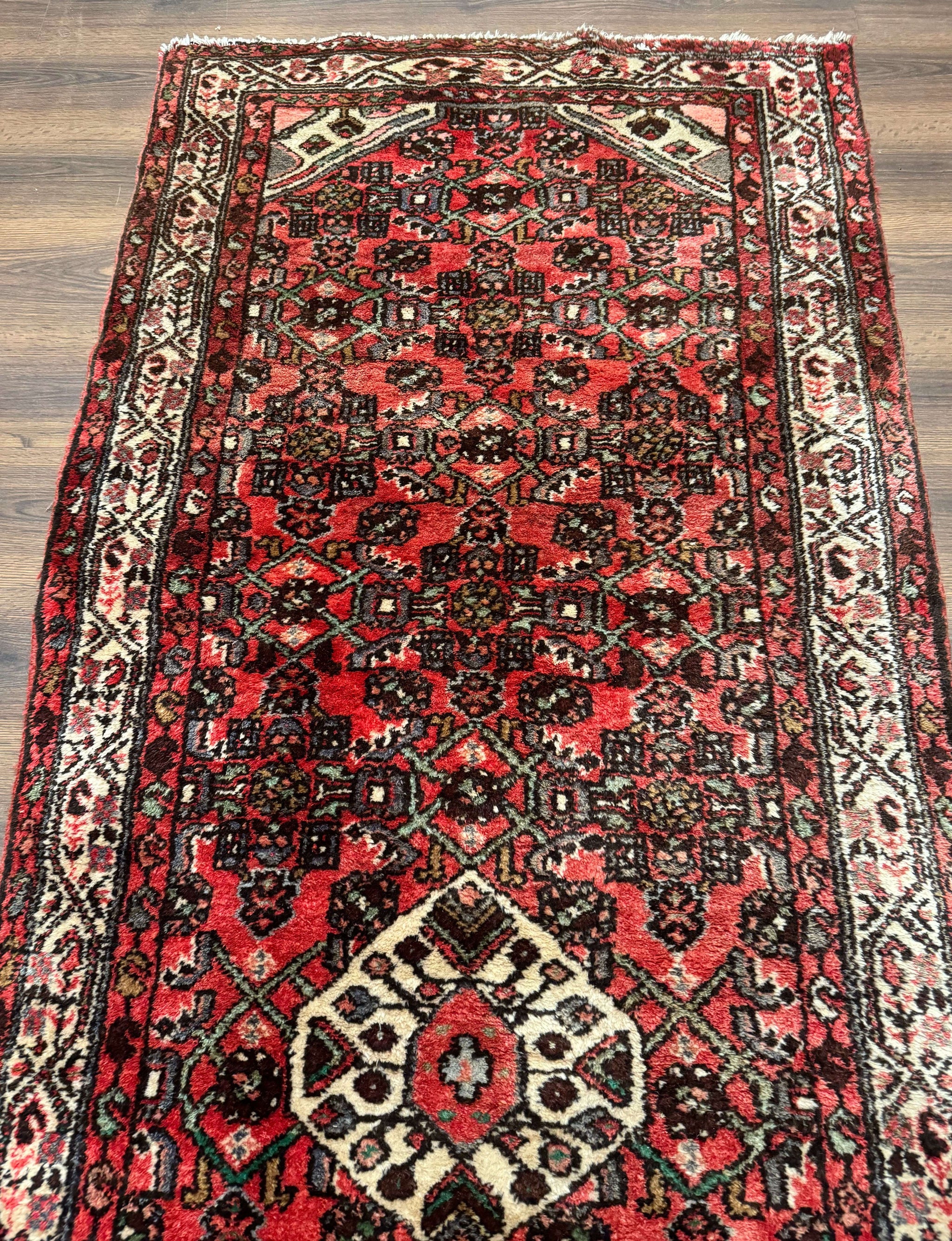 Persian Runner Rug 3x10, Wool Hand Knotted Hallway Rug 3 x 10 ft, Red and Ivory, Hamadan Angelas Runner by Jewel Rugs