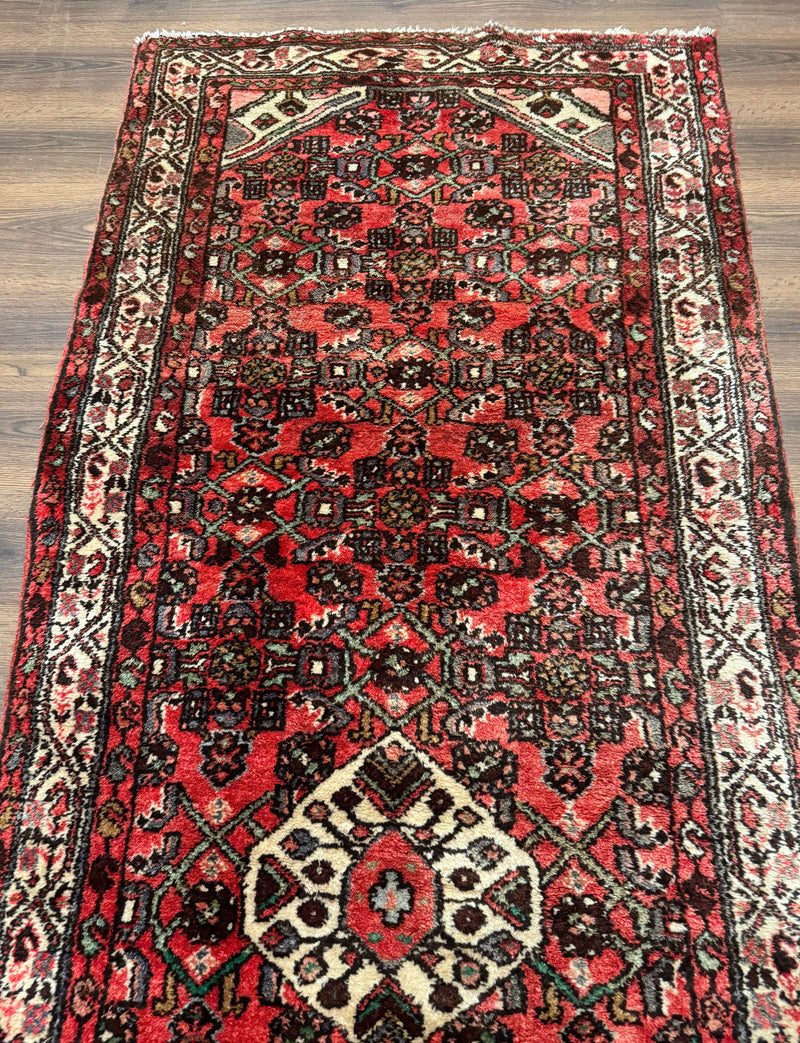 Persian Runner Rug 3x10, Wool Hand Knotted Hallway Rug 3 x 10 ft, Red and Ivory, Hamadan Angelas Runner by Jewel Rugs