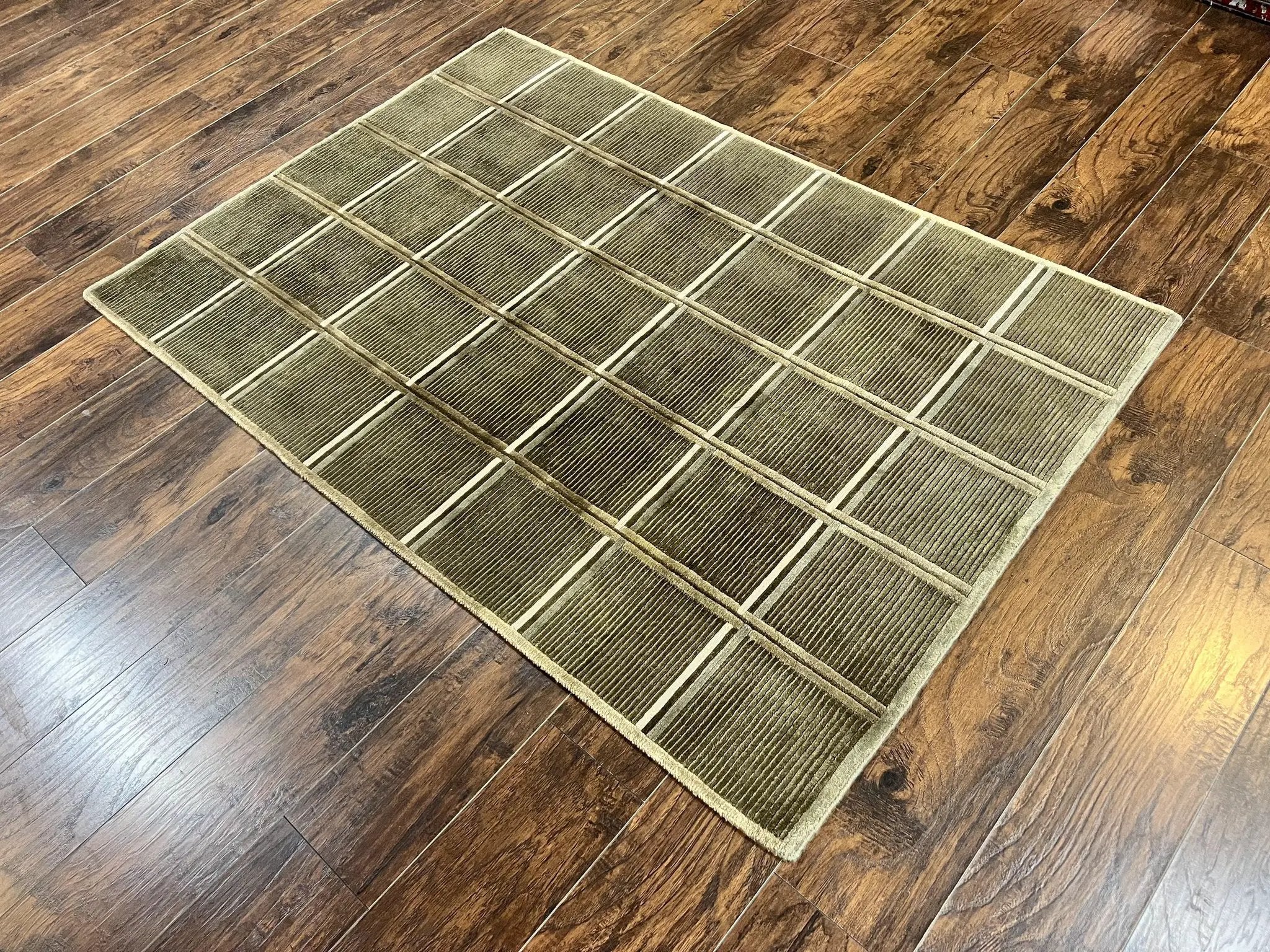 Tibetan Rug 4x6, Green Wool Handmade Area Rug 4 x 6, Panel Design, Modern Contemporary by Jewel Rugs