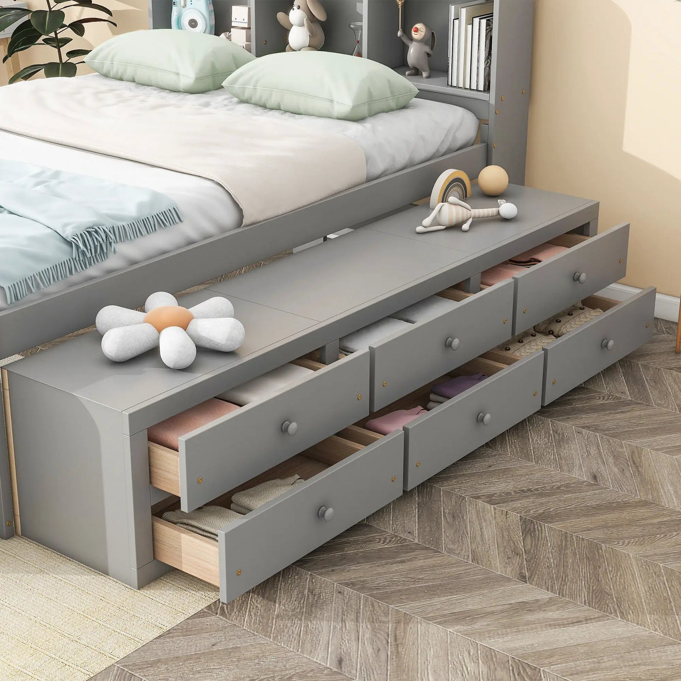 Bed With Bookcase Headboard, Under Bed Storage Drawers And Bed End Storage Case by Unique Piece Furniture