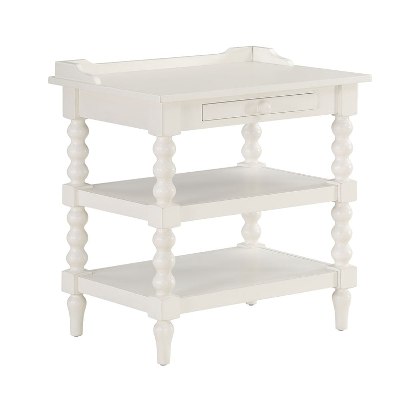 Aria - Nightstand With Styling, 2 Shelves, Pull Out Tray, Spool Turned Legs - Antique White by HouseOfZazla