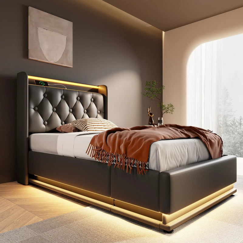 Upholstered Bed, 360 Surround LED Function, Remote Control, Hydraulic Storage Bed With USB, Type-C Charging (Without Mattress) by HouseOfZazla
