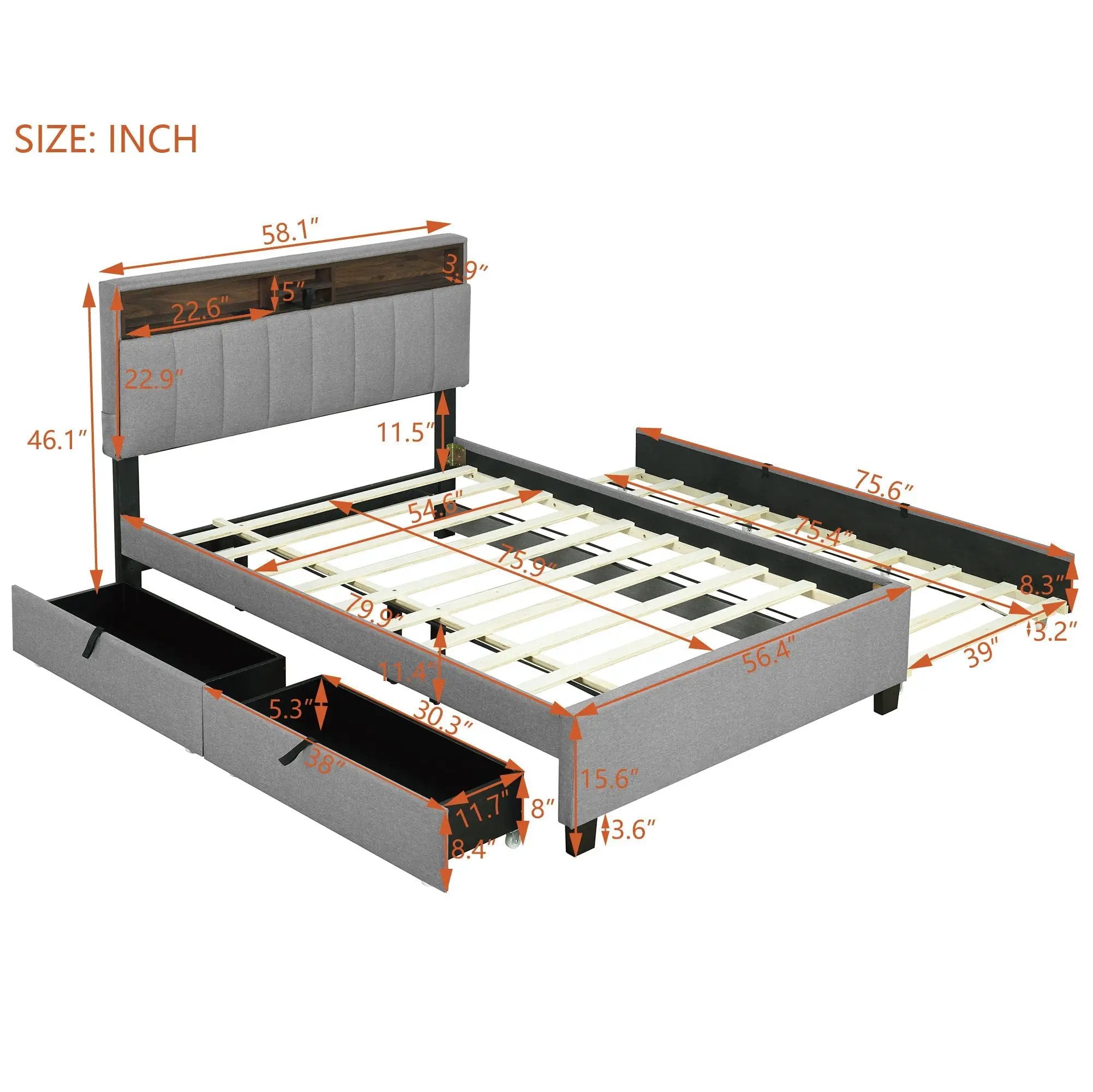 Upholstered Platform Bed With Storage Headboard, Trundle & 2 Drawers And A Set Of Sockets & USB Ports by Unique Piece Furniture