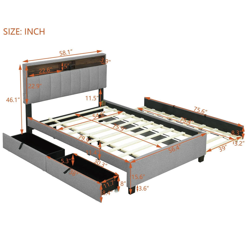 Upholstered Platform Bed With Storage Headboard, Trundle & 2 Drawers And A Set Of Sockets & USB Ports by Unique Piece Furniture