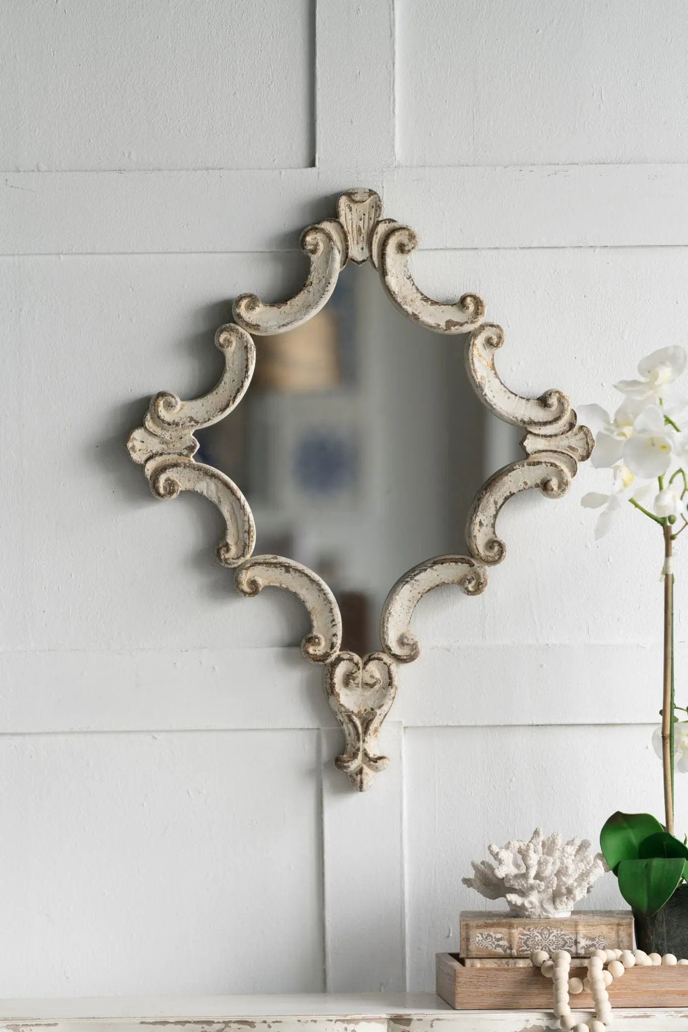 Artistic Diamond Scrollwork Mirror, Home Accent Mirror For Living Room, Entryway, Bedroom, Office - Antique White by Unique Piece Furniture