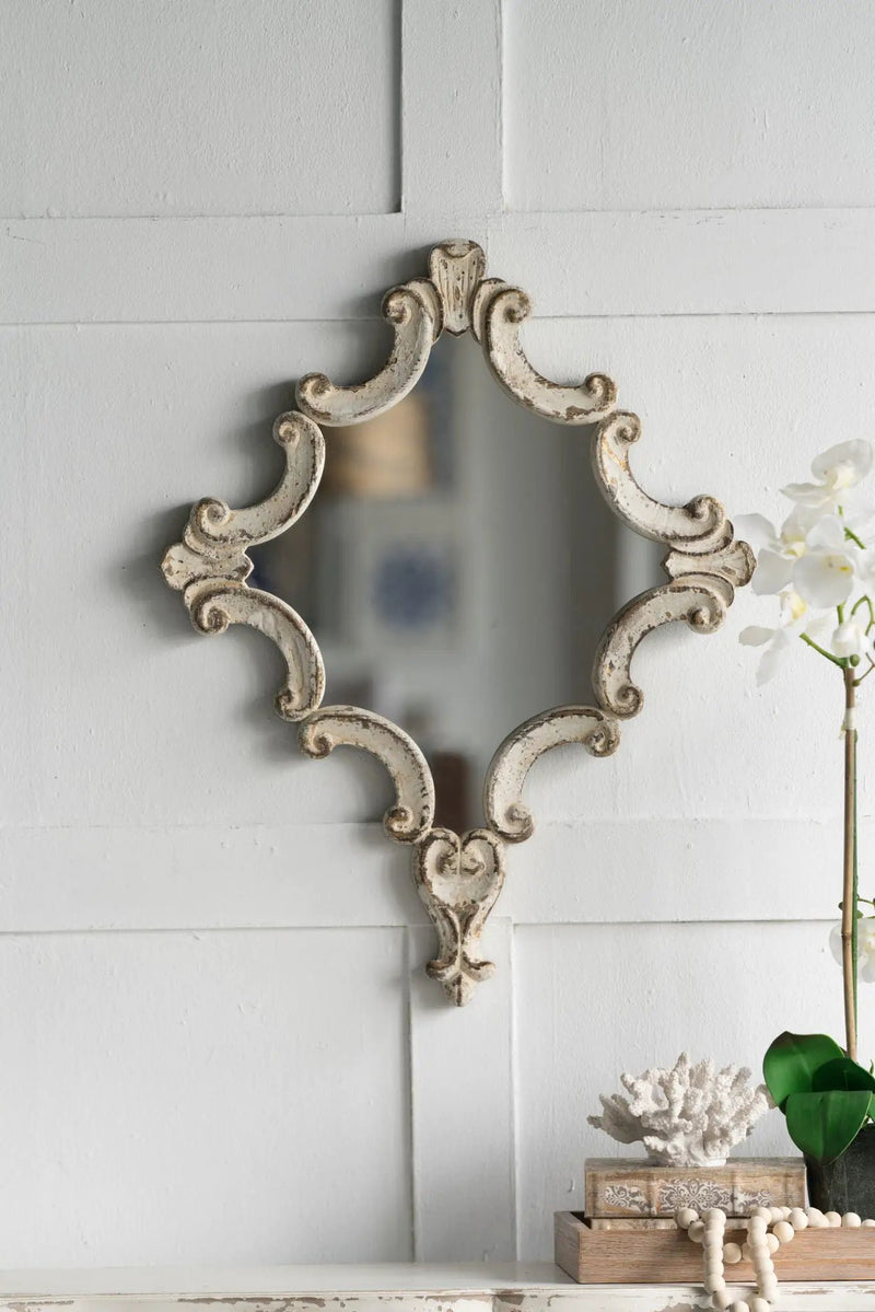 Artistic Diamond Scrollwork Mirror, Home Accent Mirror For Living Room, Entryway, Bedroom, Office - Antique White by Unique Piece Furniture