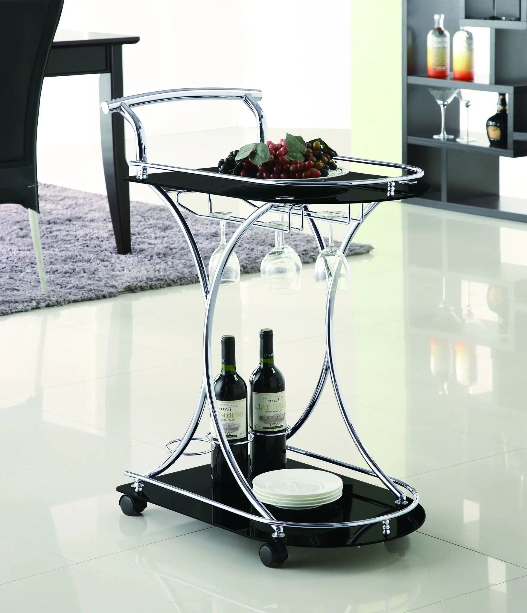 Elfman 2-tier Glass Shelf Metal Bar Cart Black and Chrome by Unique Piece Furniture