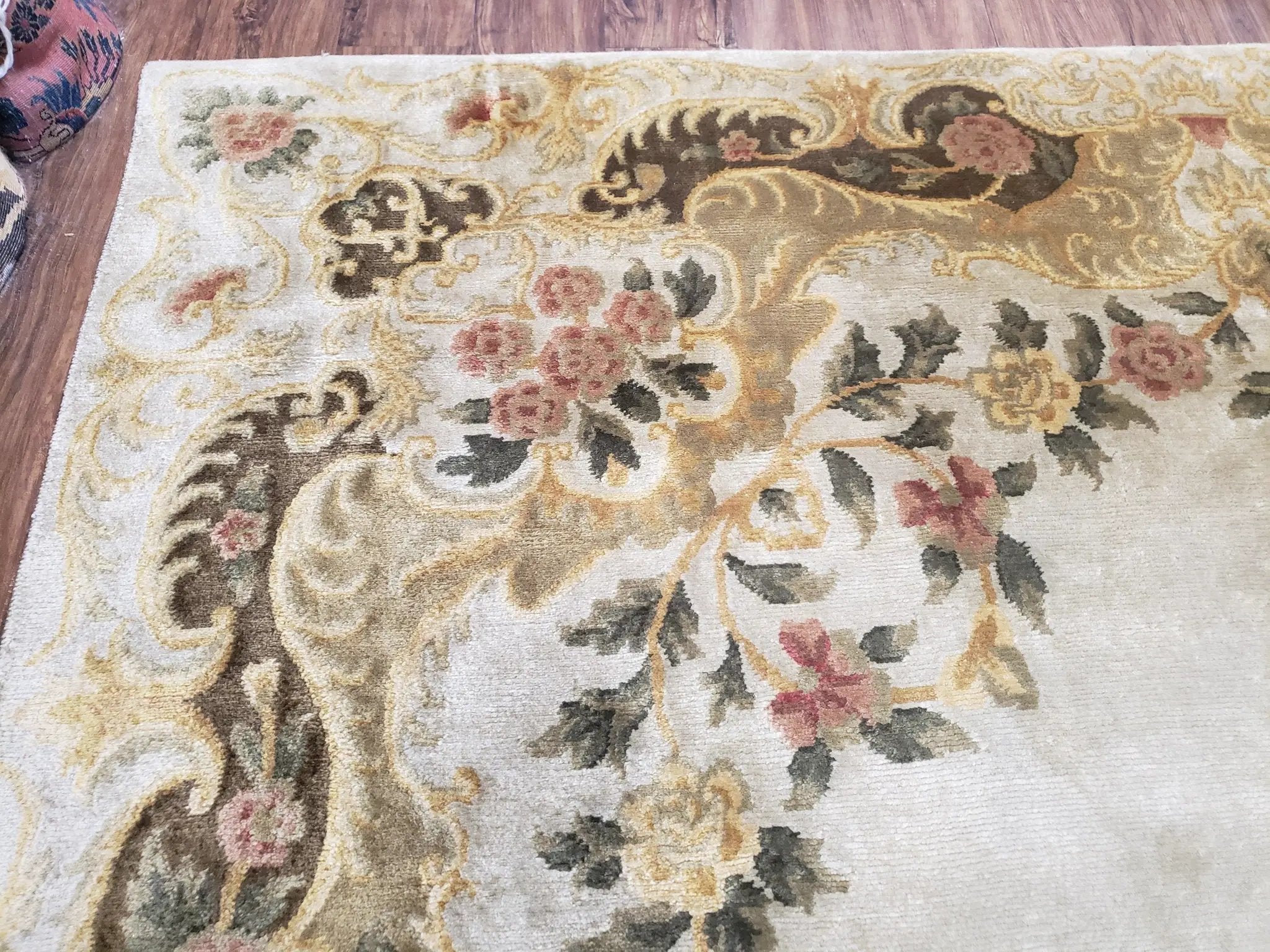 Aubusson Rug 10x14, Elegant French European Design, Vintage Handmade Carpet with Pile, Beige Floral Dining Room Rug, Living Room, Soft Wool by Jewel Rugs