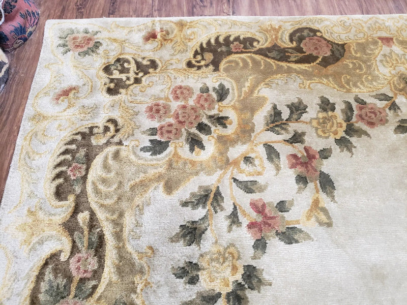 Aubusson Rug 10x14, Elegant French European Design, Vintage Handmade Carpet with Pile, Beige Floral Dining Room Rug, Living Room, Soft Wool by Jewel Rugs