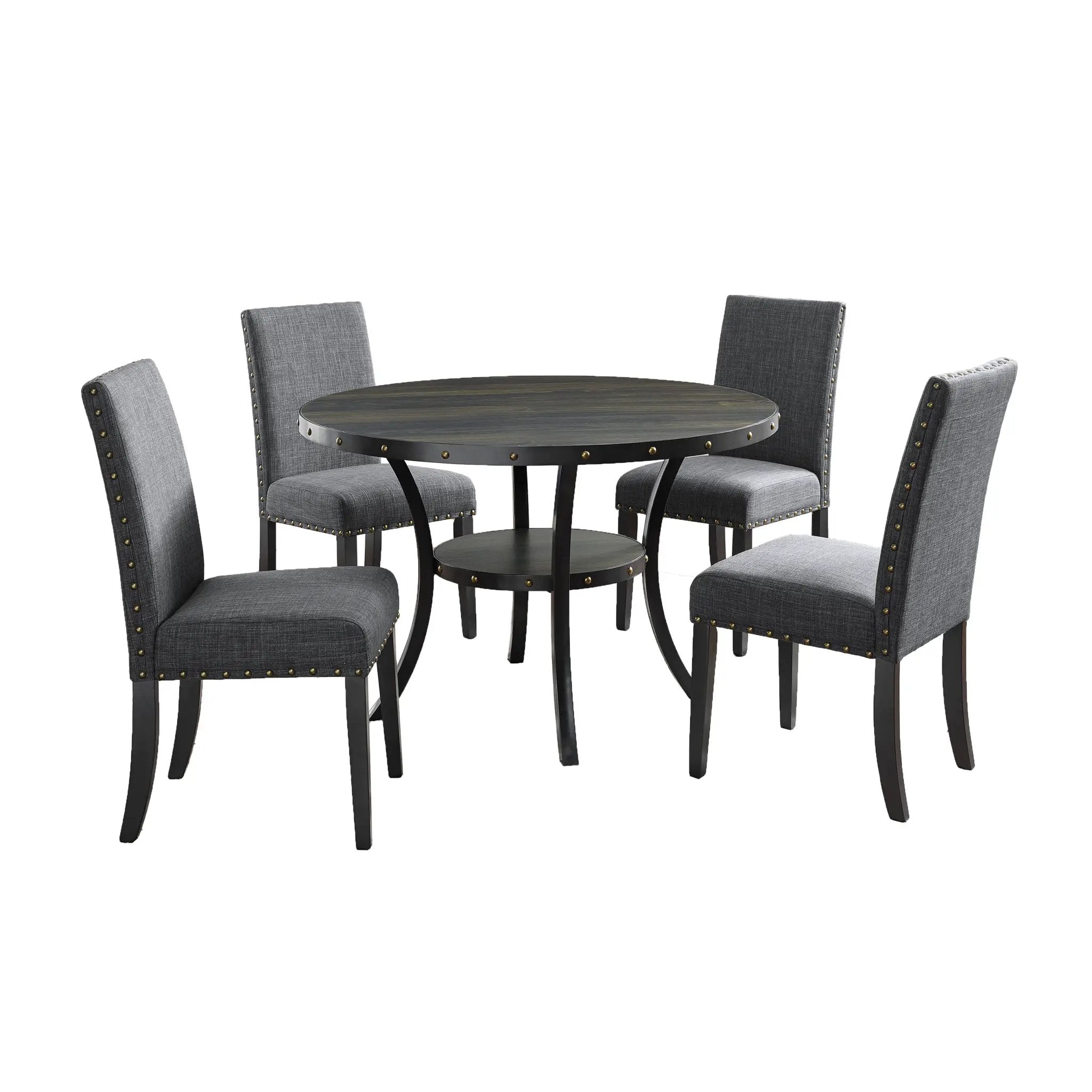 Biony Espresso Wood Dining Set with Gray Fabric Nailhead Chairs by HouseOfZazla