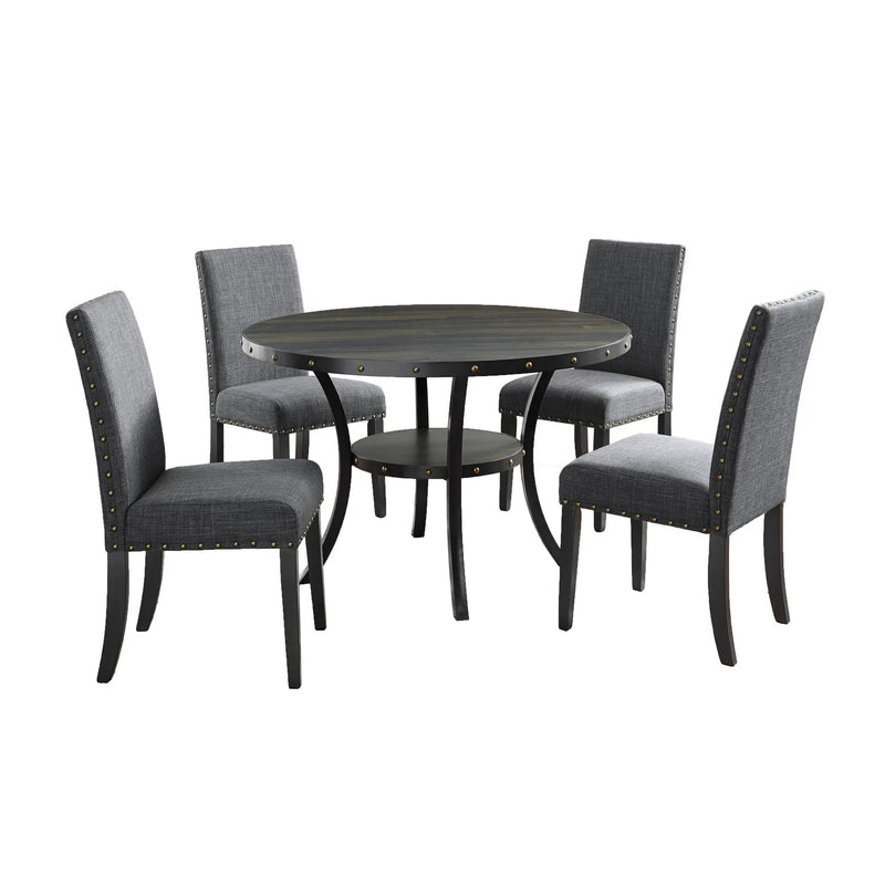 Biony Espresso Wood Dining Set with Gray Fabric Nailhead Chairs by HouseOfZazla