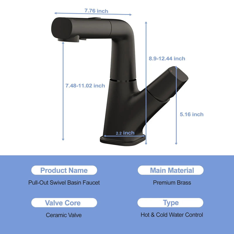 Pull Down Bathroom Sink Faucet With Three Water Modes And Construction - Matte Black by HouseOfZazla