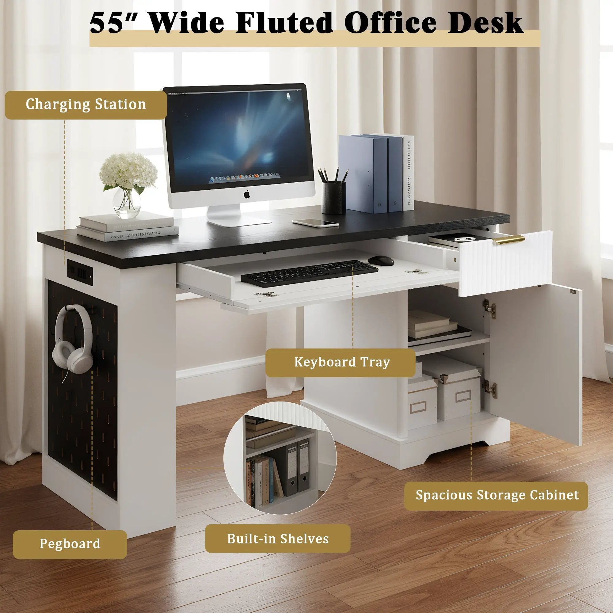 55" Modern Fluted Office Desk with Storage Cabinet & Drawers by HouseOfZazla