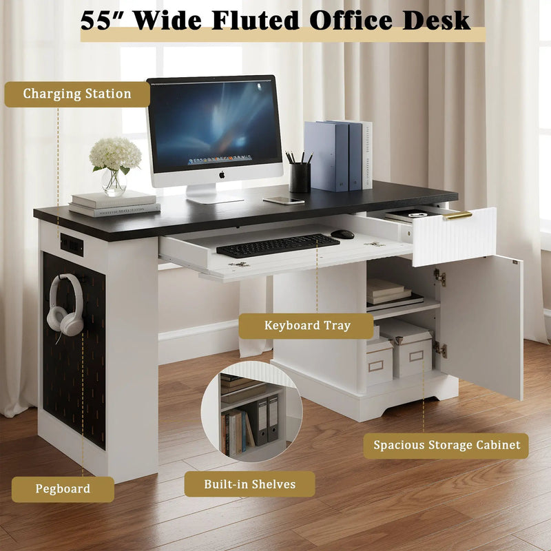 55" Modern Fluted Office Desk with Storage Cabinet & Drawers by HouseOfZazla