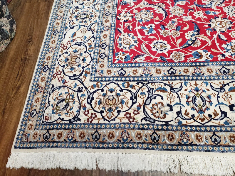 Persian Nain Rug 8x12, Red and Ivory, Signed by Jewel Rugs