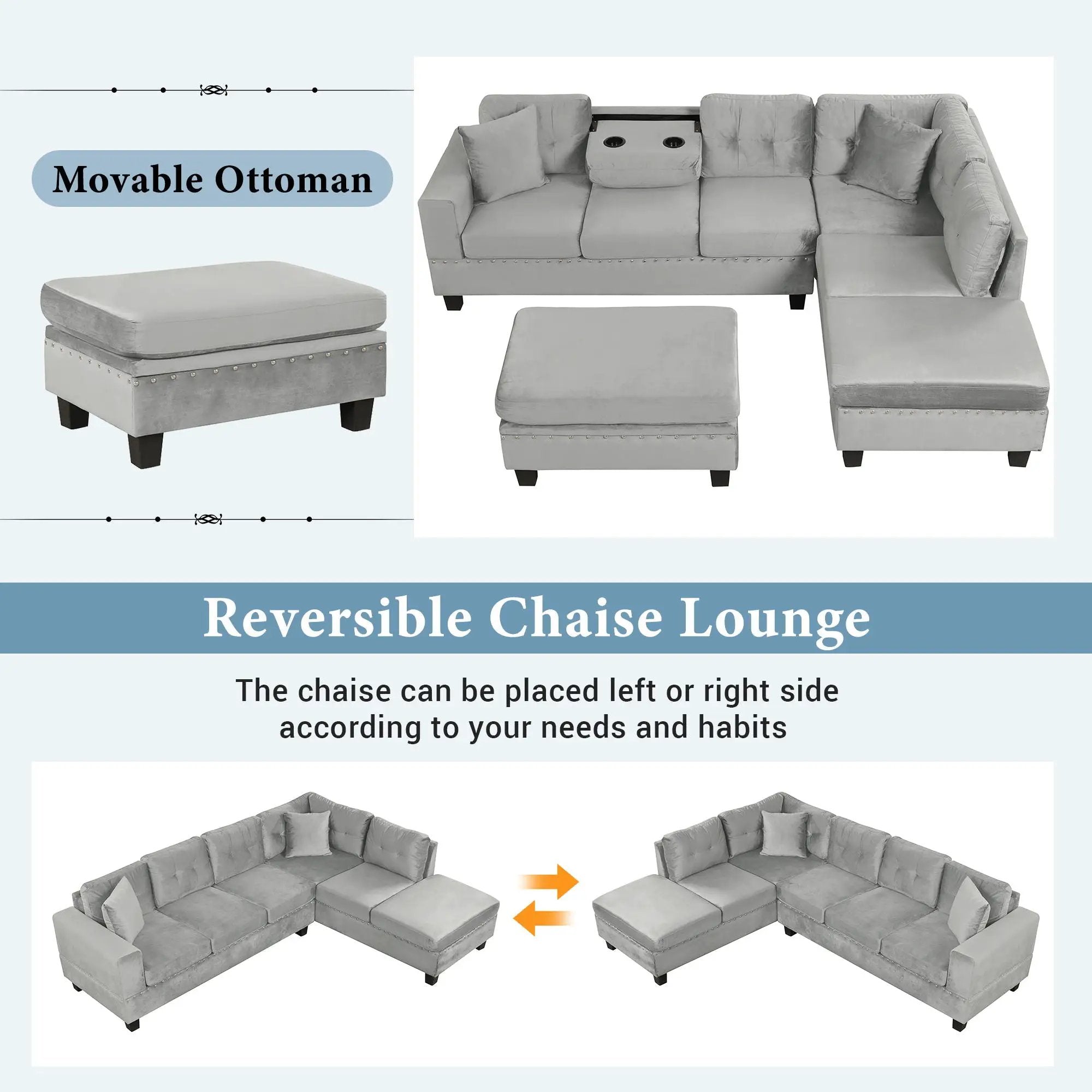 Modern Sectional Sofa With Storage Ottoman, L - Shape Couch With 2 Pillows And Cup Holders by HouseOfZazla