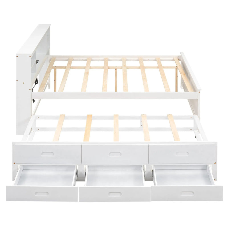 Platform Bed With Storage Headboard, USB, Trundle And 3 Drawers